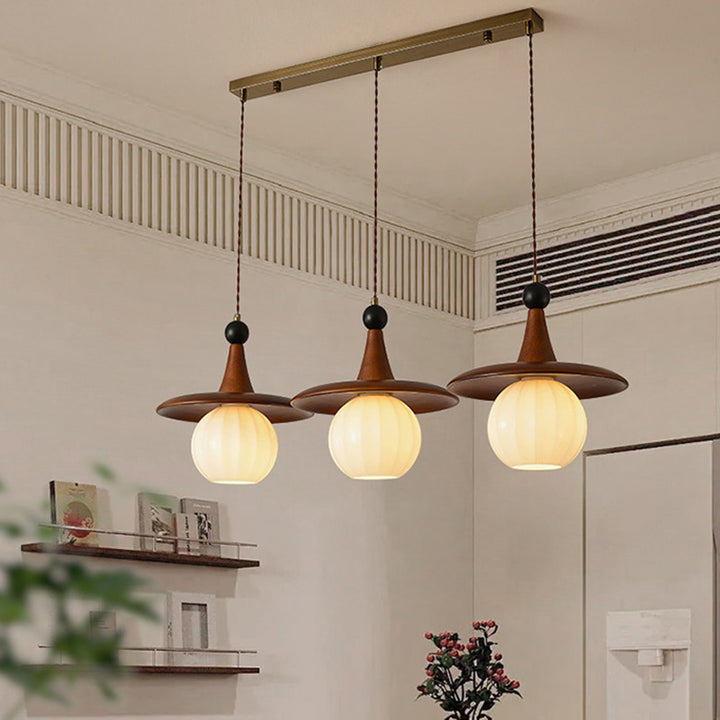 Traditionelle französische Kürbis-Globus-Eisen-Massivholz-Glas 1/3 Licht Kronleuchter Insel Licht für Esszimmer 
