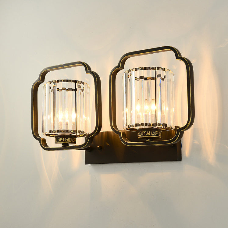 Lámpara de Aplique de Pared de Cristal de Hierro Cilíndrico Chino Tradicional de 2 Luces para Sala de Estar 