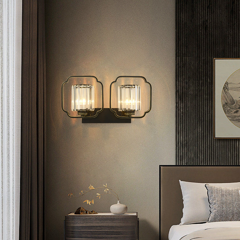 Lámpara de Aplique de Pared de Cristal de Hierro Cilíndrico Chino Tradicional de 2 Luces para Sala de Estar 