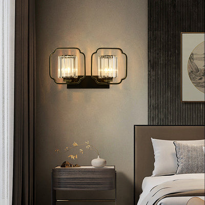Lámpara de Aplique de Pared de Cristal de Hierro Cilíndrico Chino Tradicional de 2 Luces para Sala de Estar 