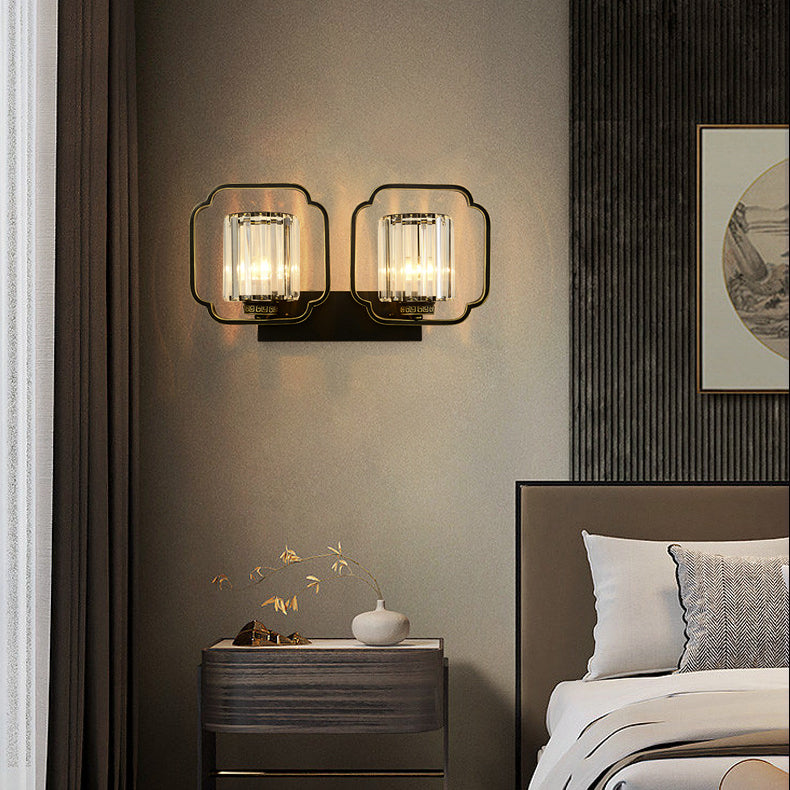 Lámpara de Aplique de Pared de Cristal de Hierro Cilíndrico Chino Tradicional de 2 Luces para Sala de Estar 