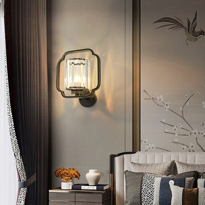 Lámpara de Aplique de Pared de Cristal de Hierro Cilíndrico Chino Tradicional de 2 Luces para Sala de Estar 