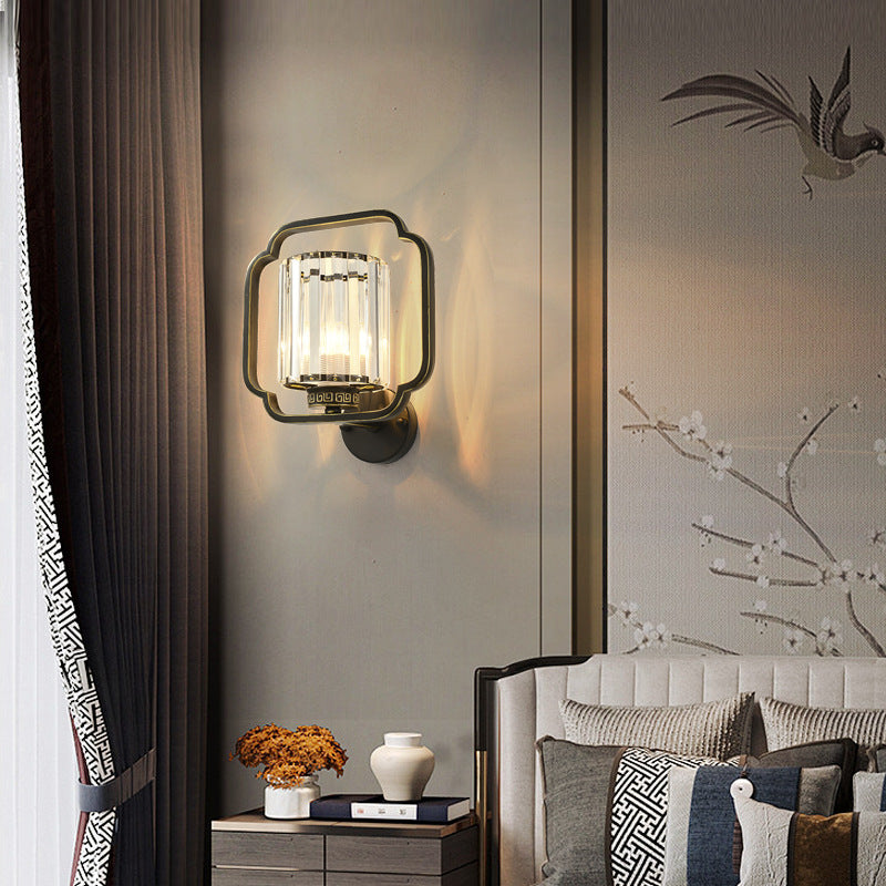 Lámpara de Aplique de Pared de Cristal de Hierro Cilíndrico Chino Tradicional de 2 Luces para Sala de Estar 