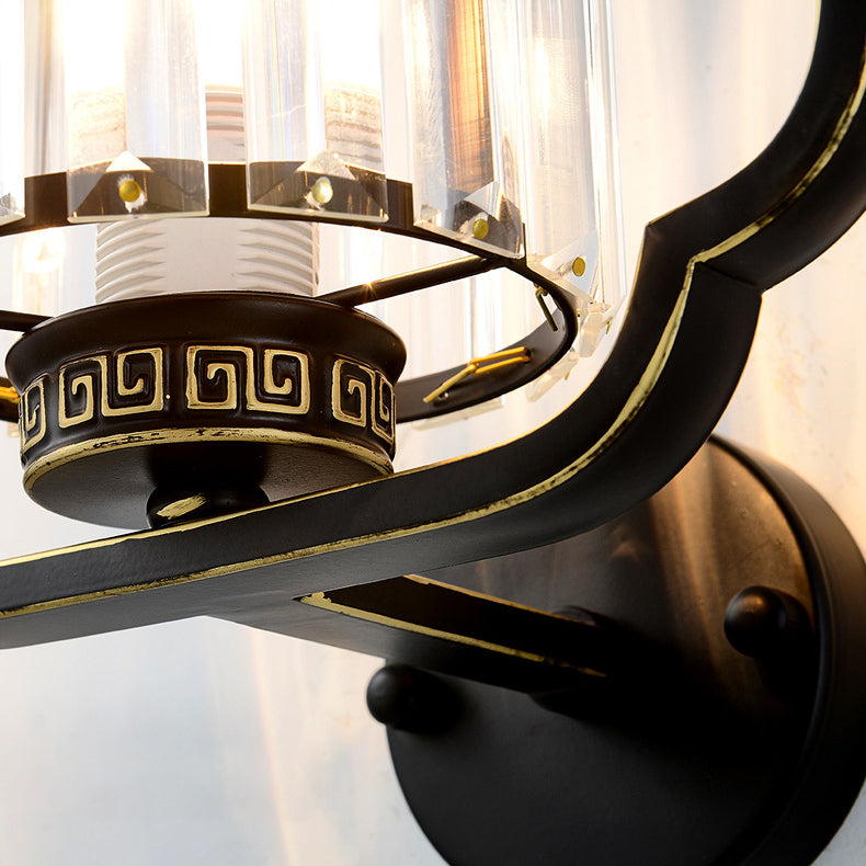 Lámpara de Aplique de Pared de Cristal de Hierro Cilíndrico Chino Tradicional de 2 Luces para Sala de Estar 