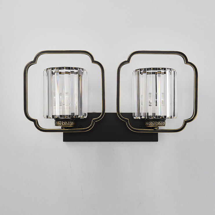 Traditionelle chinesische Zylinder-Eisen-Kristall 2-Licht-Wandleuchte für das Wohnzimmer 