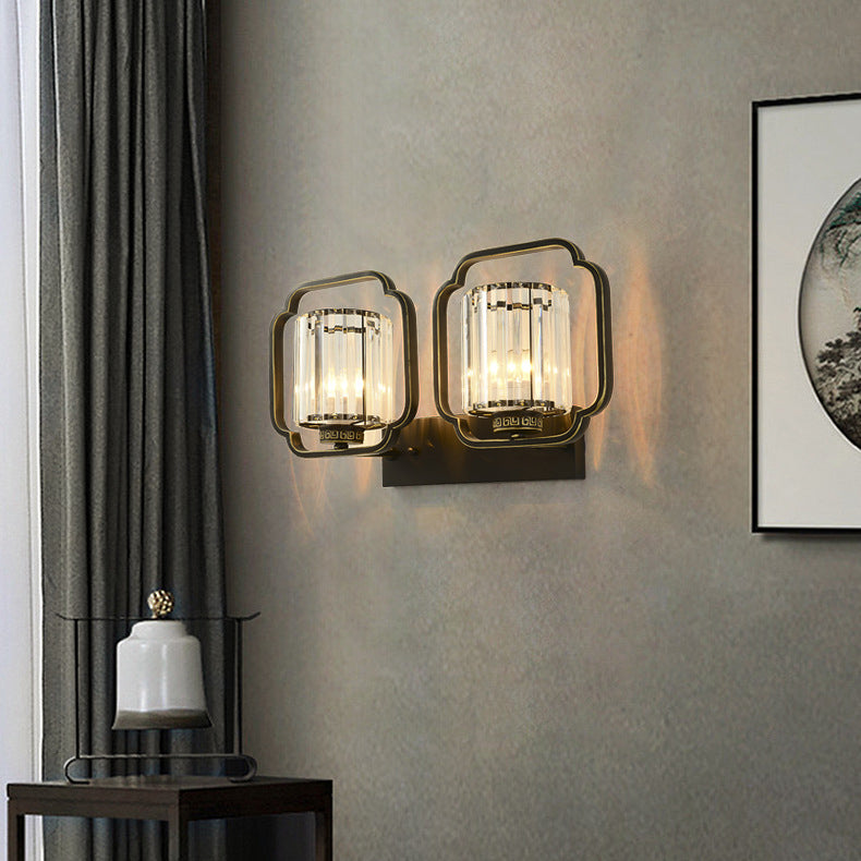 Traditionelle chinesische Zylinder-Eisen-Kristall 2-Licht-Wandleuchte für das Wohnzimmer 