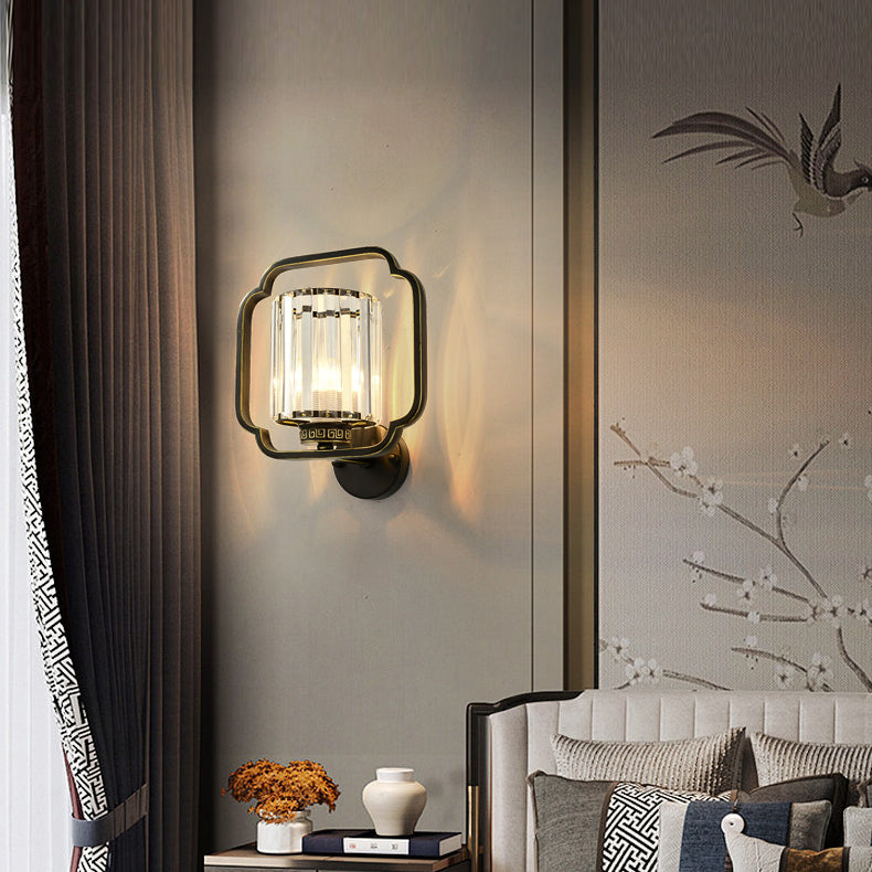 Lámpara de Aplique de Pared de Cristal de Hierro Cilíndrico Chino Tradicional de 2 Luces para Sala de Estar 
