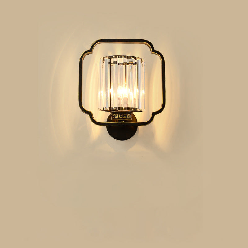 Lámpara de Aplique de Pared de Cristal de Hierro Cilíndrico Chino Tradicional de 2 Luces para Sala de Estar 