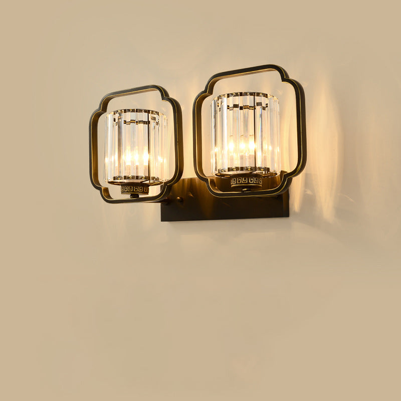 Lámpara de Aplique de Pared de Cristal de Hierro Cilíndrico Chino Tradicional de 2 Luces para Sala de Estar 