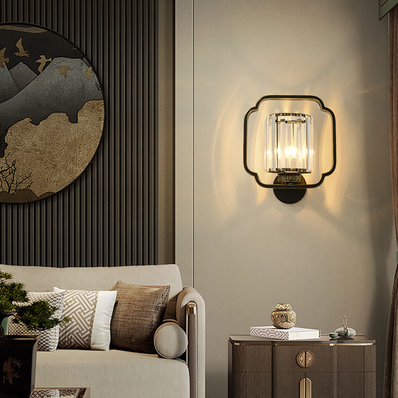 Traditionelle chinesische Zylinder-Eisen-Kristall 2-Licht-Wandleuchte für das Wohnzimmer 