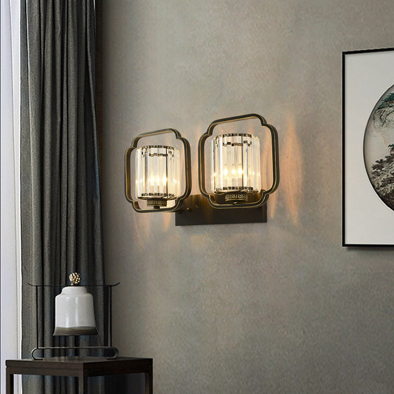 Lámpara de Aplique de Pared de Cristal de Hierro Cilíndrico Chino Tradicional de 2 Luces para Sala de Estar 