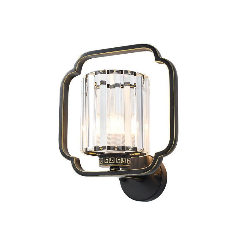 Lámpara de Aplique de Pared de Cristal de Hierro Cilíndrico Chino Tradicional de 2 Luces para Sala de Estar 