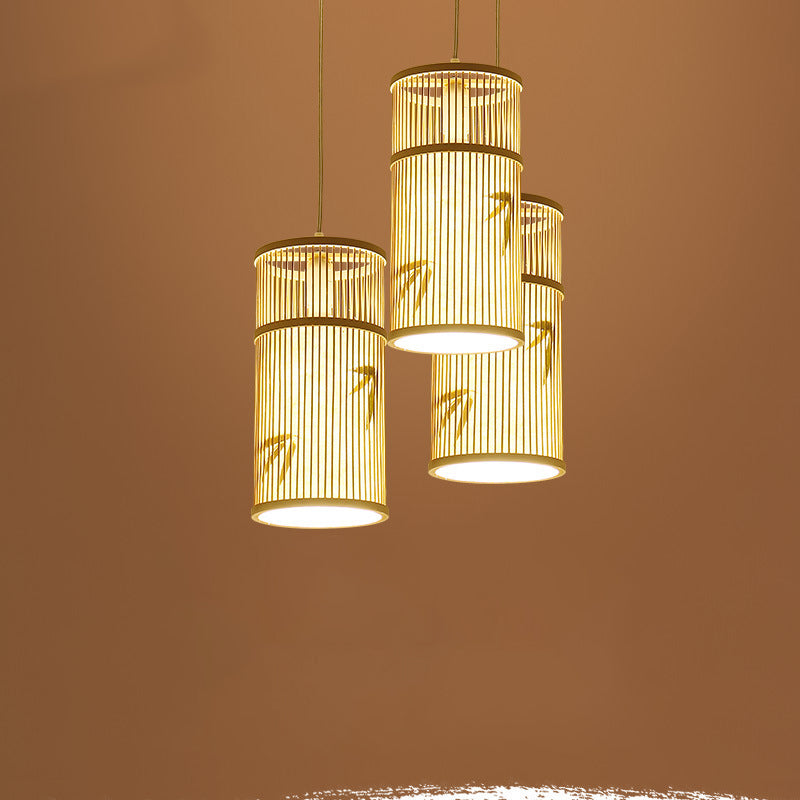 Lámpara Colgante de Bambú Cilíndrica Tradicional China de 1 Luz para Sala de Estar 