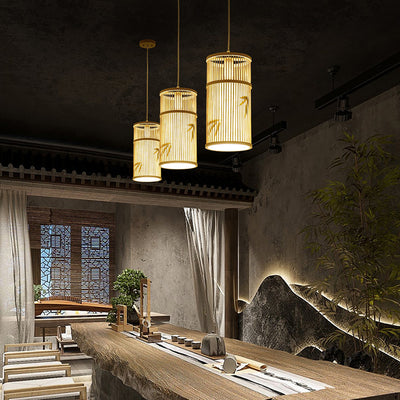 Lámpara Colgante de Bambú Cilíndrica Tradicional China de 1 Luz para Sala de Estar 