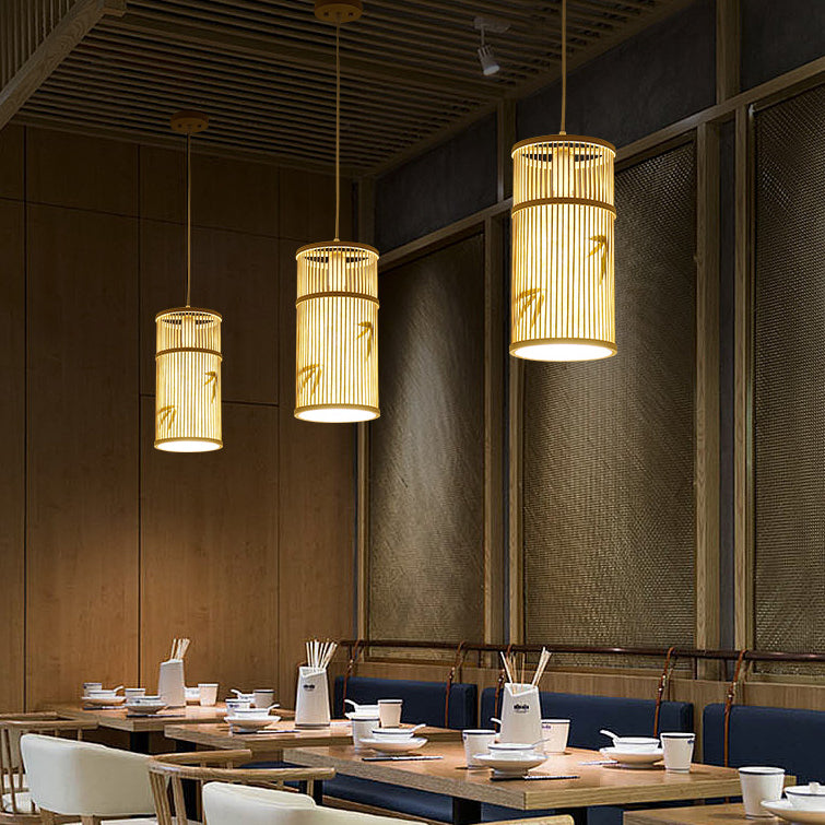 Lámpara Colgante de Bambú Cilíndrica Tradicional China de 1 Luz para Sala de Estar 