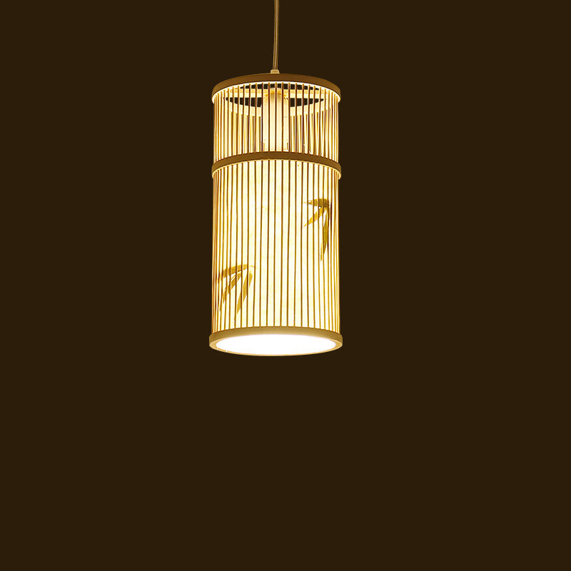 Lámpara Colgante de Bambú Cilíndrica Tradicional China de 1 Luz para Sala de Estar 