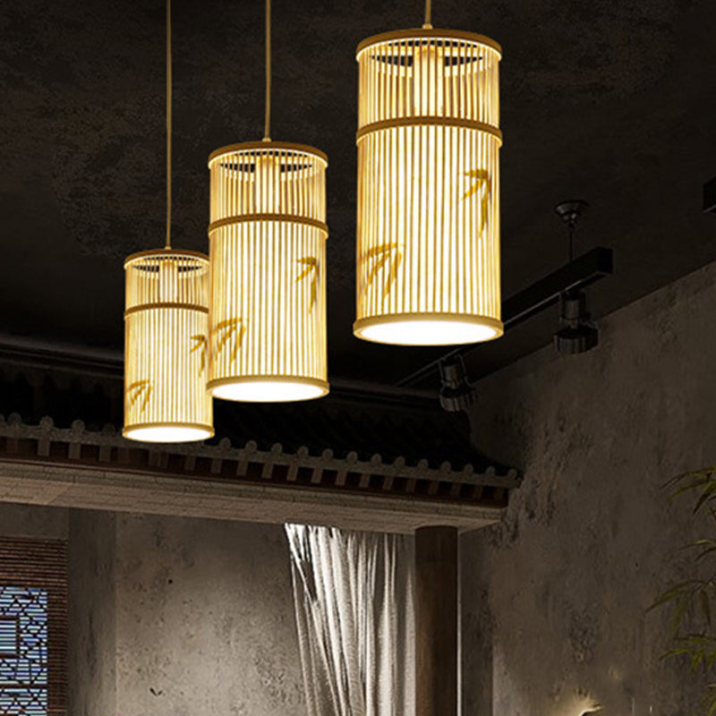Lámpara Colgante de Bambú Cilíndrica Tradicional China de 1 Luz para Sala de Estar 