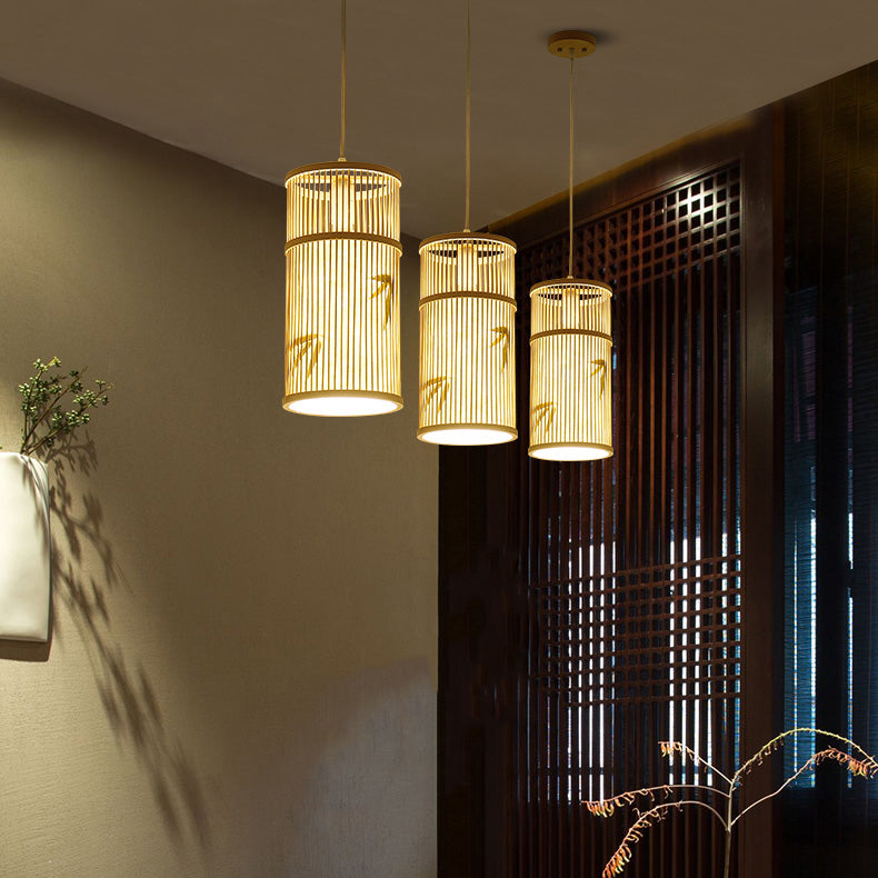 Lámpara Colgante de Bambú Cilíndrica Tradicional China de 1 Luz para Sala de Estar 