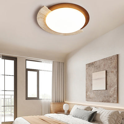 Traditional Japanese Round Travertine Acrylic LED Flush Mount Ceiling Light For Bedroom