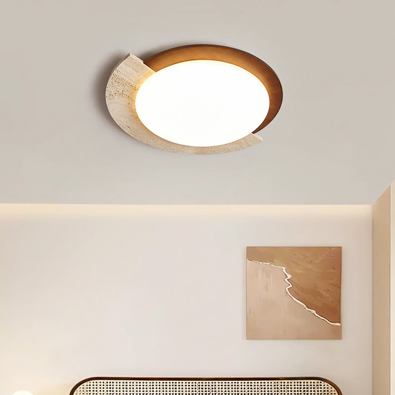 Traditional Japanese Round Travertine Acrylic LED Flush Mount Ceiling Light For Bedroom