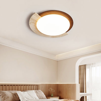 Traditional Japanese Round Travertine Acrylic LED Flush Mount Ceiling Light For Bedroom