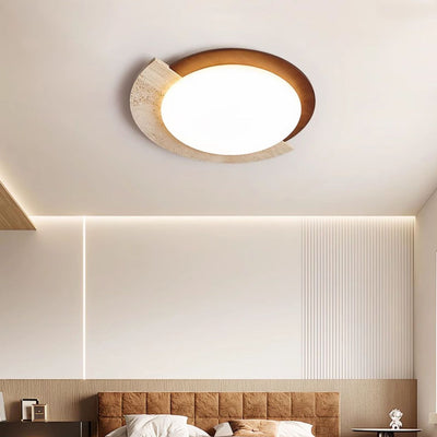 Traditional Japanese Round Travertine Acrylic LED Flush Mount Ceiling Light For Bedroom