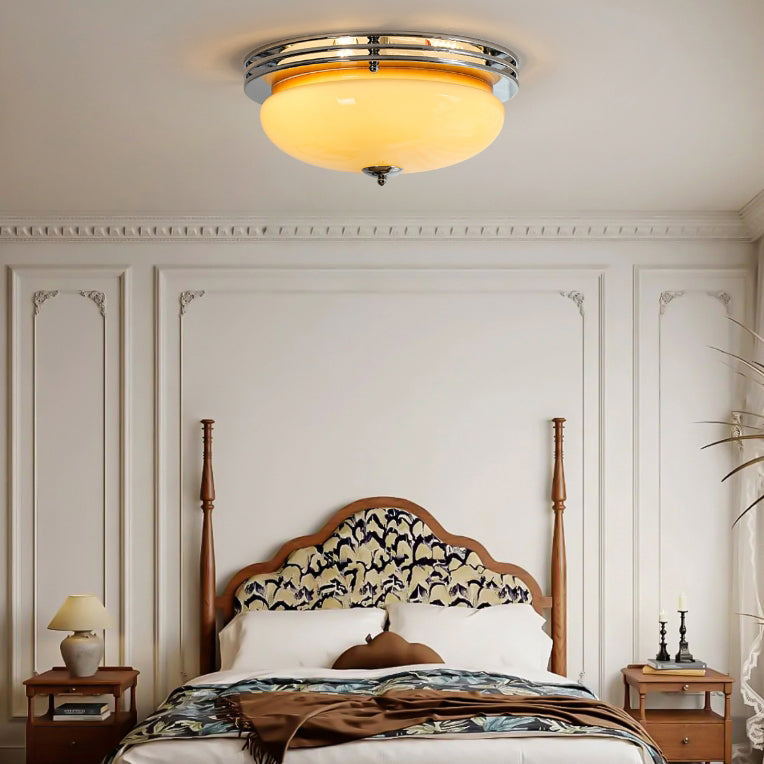 Traditional Vintage Dome Metal Glass LED Flush Mount Ceiling Light For Bedroom