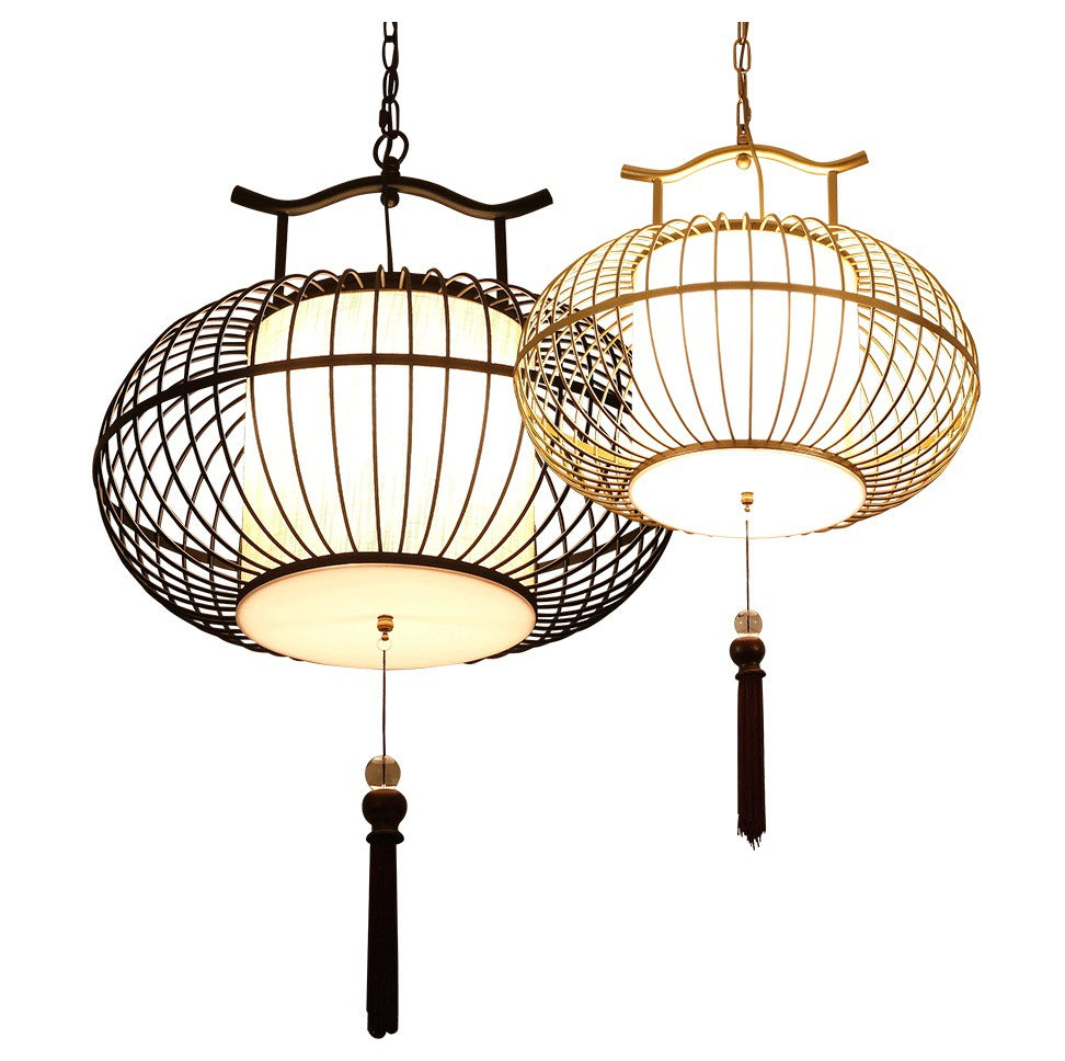 Lámpara colgante de tela de hierro con globo chino tradicional de 2 luces para sala de estar 
