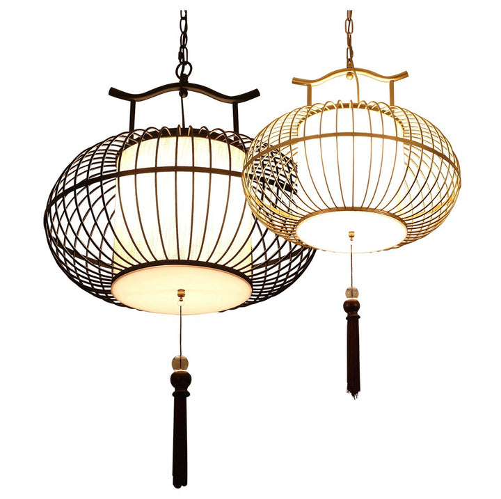 Lámpara colgante de tela de hierro con globo chino tradicional de 2 luces para sala de estar 