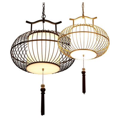 Lámpara colgante de tela de hierro con globo chino tradicional de 2 luces para sala de estar 