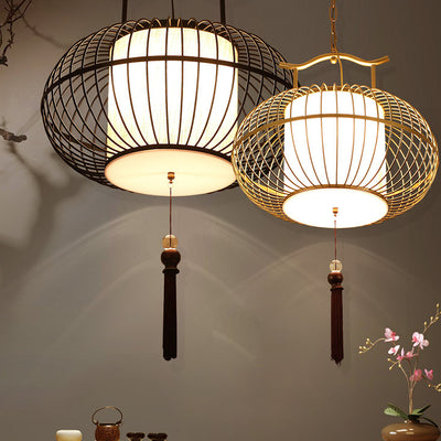 Lámpara colgante de tela de hierro con globo chino tradicional de 2 luces para sala de estar 