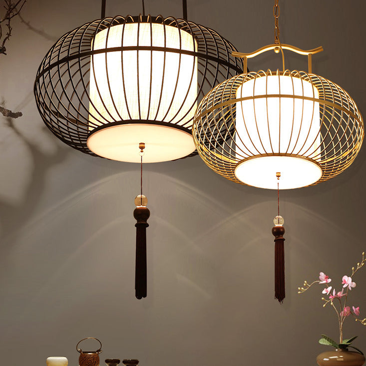 Lámpara colgante de tela de hierro con globo chino tradicional de 2 luces para sala de estar 