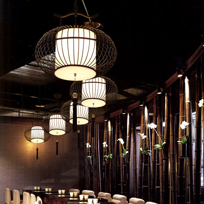 Lámpara colgante de tela de hierro con globo chino tradicional de 2 luces para sala de estar 