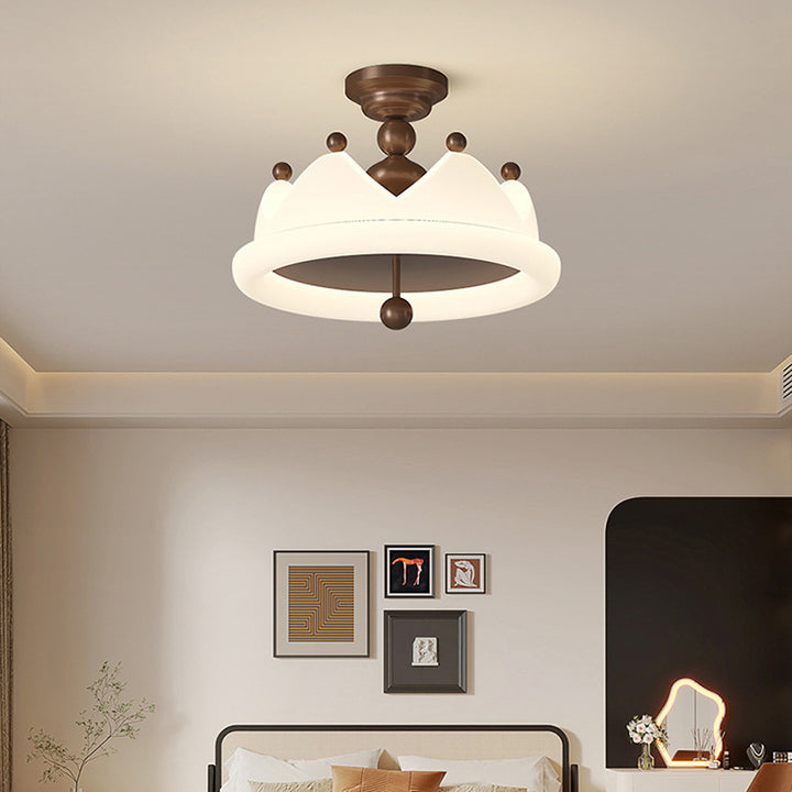 Contemporary Creative Crown Round Iron PE LED Semi-Flush Mount Ceiling Light For Bedroom