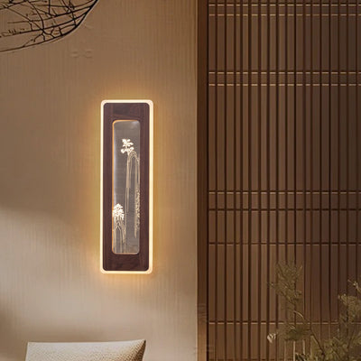 Aplique de pared LED de acrílico de nogal negro rectangular chino tradicional para sala de estar 