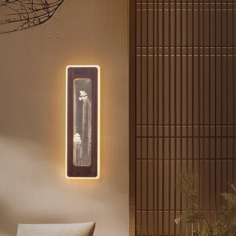 Aplique de pared LED de acrílico de nogal negro rectangular chino tradicional para sala de estar 