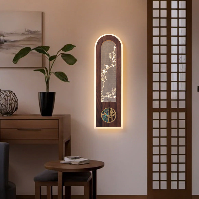 Aplique de pared LED de acrílico de nogal negro rectangular chino tradicional para sala de estar 