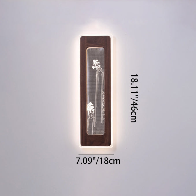 Aplique de pared LED de acrílico de nogal negro rectangular chino tradicional para sala de estar 