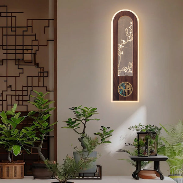 Aplique de pared LED de acrílico de nogal negro rectangular chino tradicional para sala de estar 