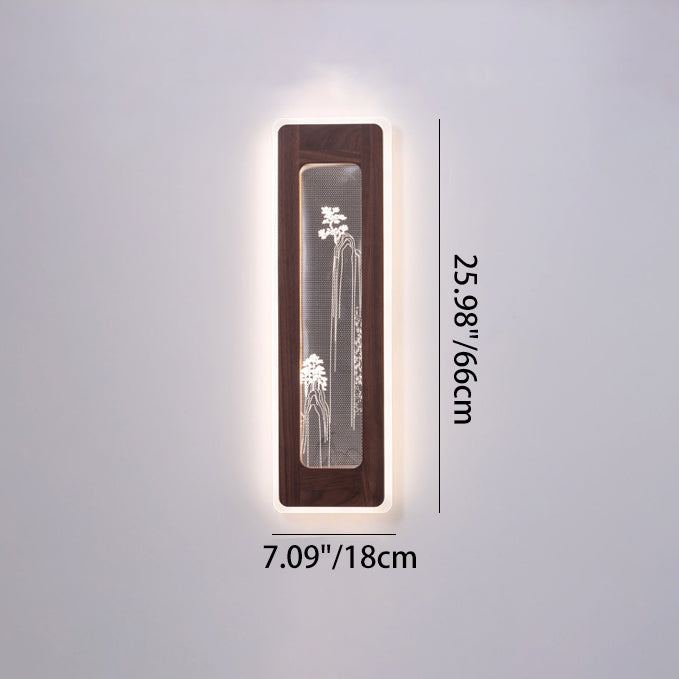 Aplique de pared LED de acrílico de nogal negro rectangular chino tradicional para sala de estar 