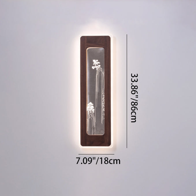 Aplique de pared LED de acrílico de nogal negro rectangular chino tradicional para sala de estar 