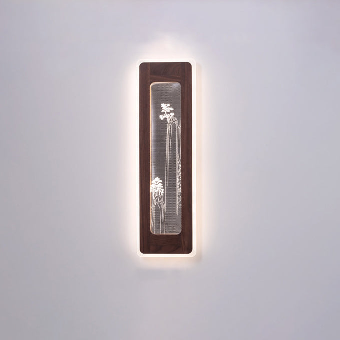 Aplique de pared LED de acrílico de nogal negro rectangular chino tradicional para sala de estar 