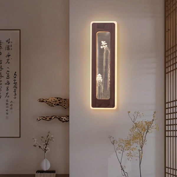 Aplique de pared LED de acrílico de nogal negro rectangular chino tradicional para sala de estar 