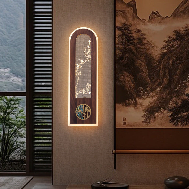 Aplique de pared LED de acrílico de nogal negro rectangular chino tradicional para sala de estar 