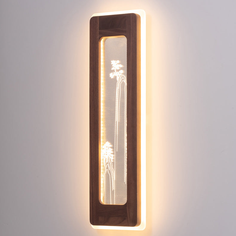 Aplique de pared LED de acrílico de nogal negro rectangular chino tradicional para sala de estar 