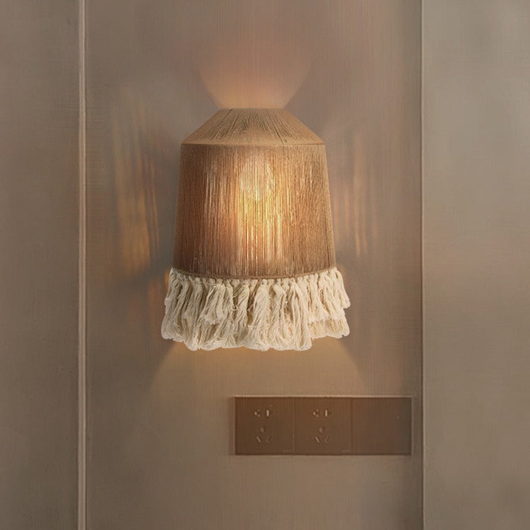 Traditional Japanese Cone Hemp Rope 1-Light Wall Sconce Lamp For Bedroom