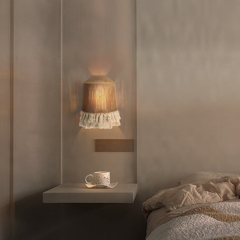 Traditional Japanese Cone Hemp Rope 1-Light Wall Sconce Lamp For Bedroom