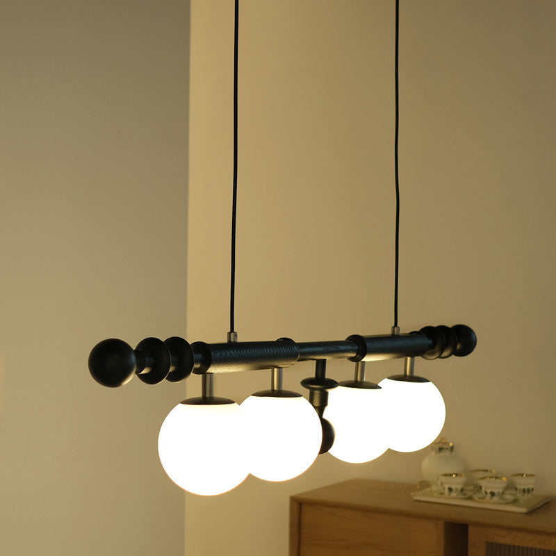 Traditioneller französischer Globus Kronleuchter aus Eschenholz, Glas und Metall mit 4 Lichtern für das Wohnzimmer 