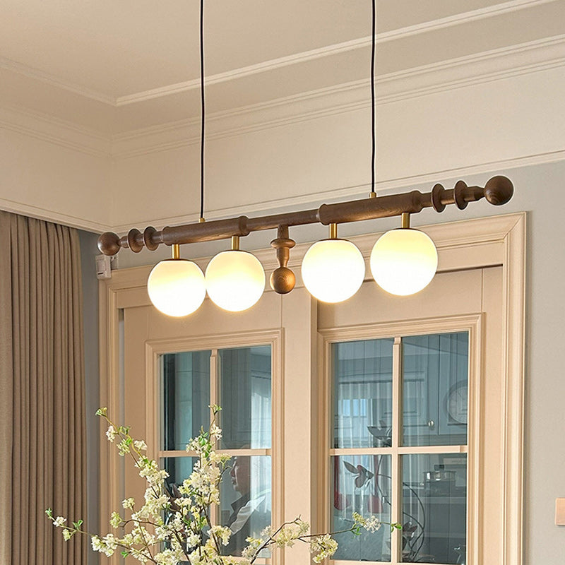 Traditioneller französischer Globus Kronleuchter aus Eschenholz, Glas und Metall mit 4 Lichtern für das Wohnzimmer 