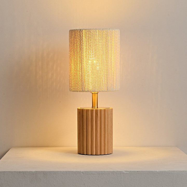 Traditional Japanese Cylinder Rubberwood Paper Rope 1-Light Table Lamp For Bedroom